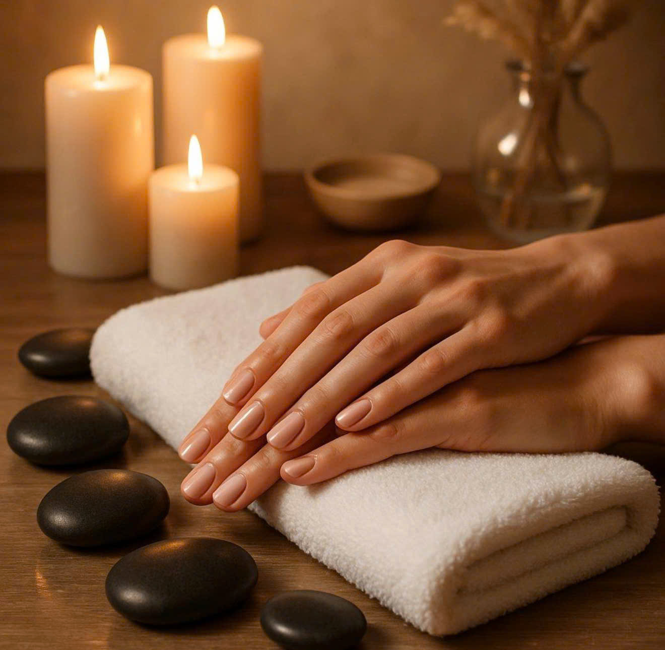 Relaxing hand spa treatment with warm towels and stones