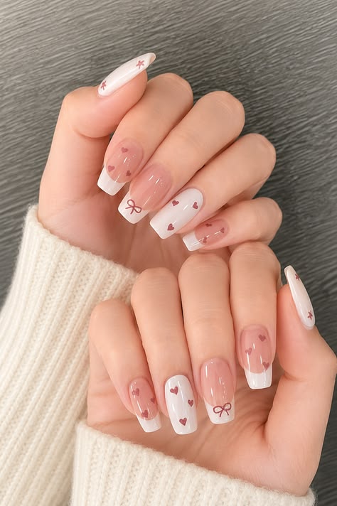 Soft pink nail design with bows and hearts