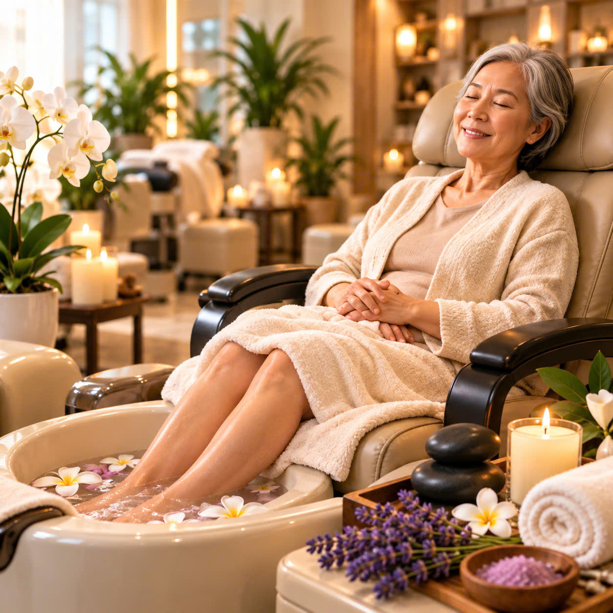 Older adult relaxing during a spa pedicure
